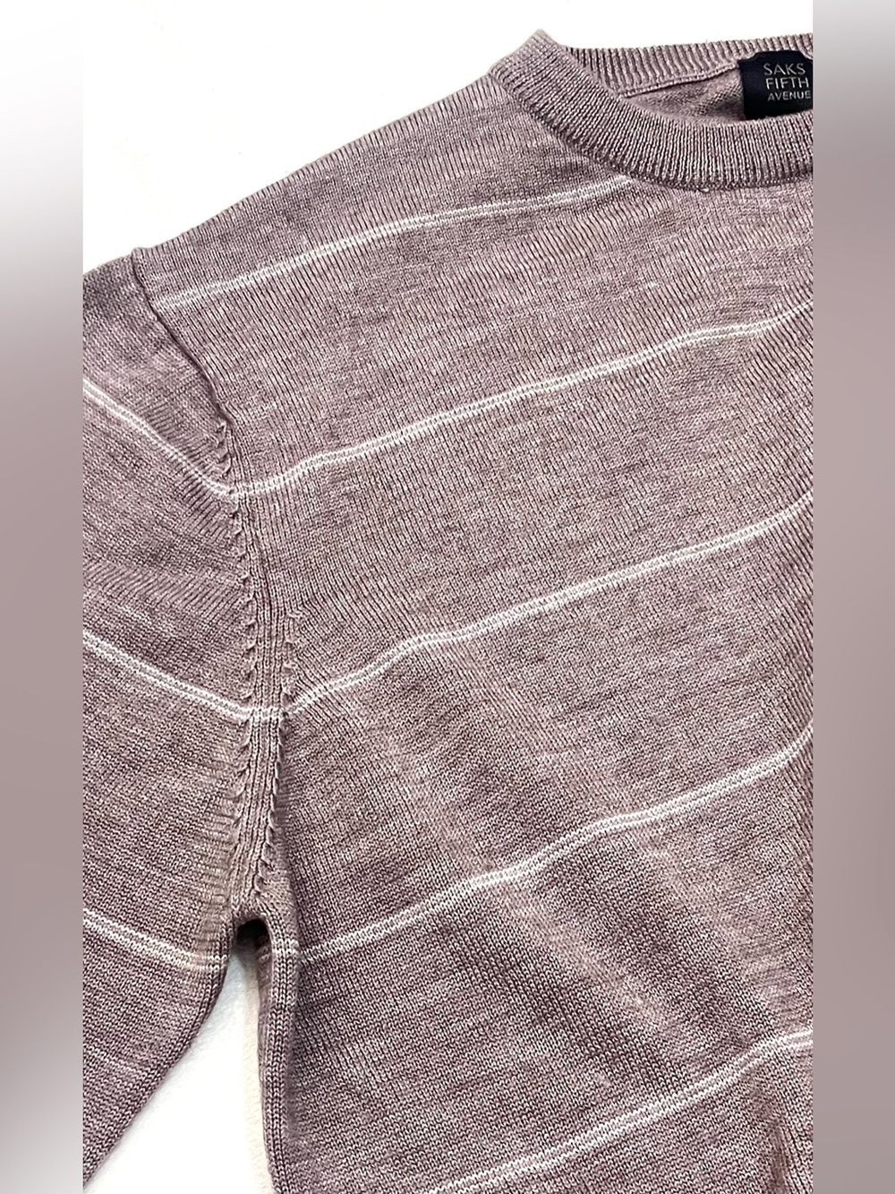 Saks Fifth Avenue Light Brown Striped Crewneck Wool Blend Sweater Women’s XL - Picture 5 of 16